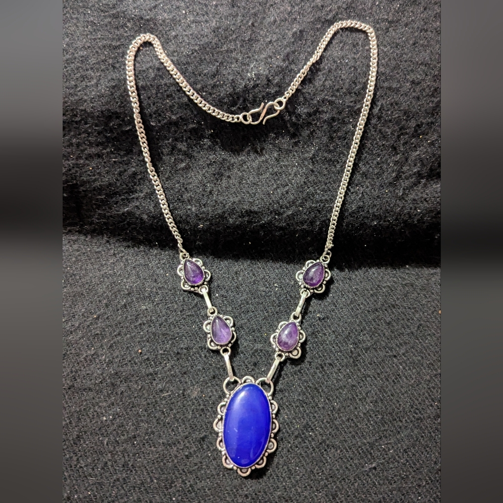 Silver Plated Blue Chalcedony And Purple Amethyst Gemstone Statement Necklace